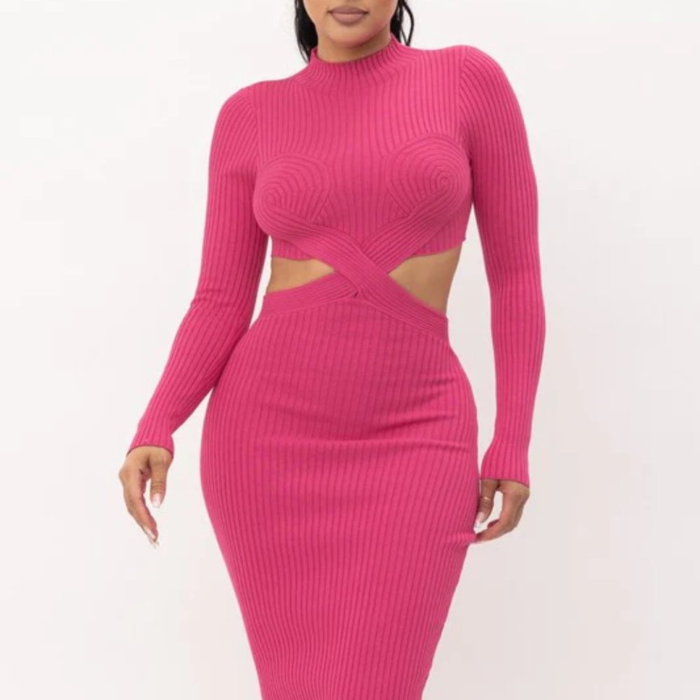 Fuchsia Sweater Knit Cutout Midi Dress